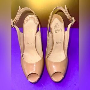 GUC CHRISTIAN LOUBOUTIN UNE PLUME SLING 120 PATENT CORK WEDGE SANDALS - SIZE 38